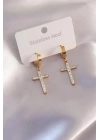 Çelik Gold Renk Zirkon Taşlı Kadın Küpe