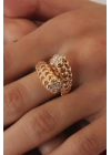 Gold Renk 3D Yonca Model Zirkon Taşlı Kadın Yüzük