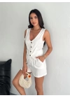 Kadın keten şort yelek takım s3461