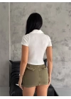 Kaşkorse Yaka Fermuarlı Bluz Beyaz