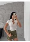 Kaşkorse Yaka Fermuarlı Bluz Beyaz