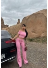 Madonna yaka bol paça pantolonlu takım