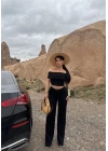 Madonna yaka bol paça pantolonlu takım