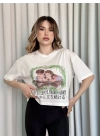 Oversize Beyaz Baskılı Crop Kadın T-Shirt