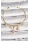 Pirinç Gold Renk Sallantı Zirkon Taşlı Kalp Figür Pembe Kalp Detay Charm Kadın Bileklik