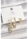 Pirinç Gold Renk Zirkon Taşlı Baget Halka Model 3Lü Kadın Kombin Küpe