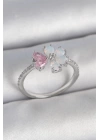 Pirinç Gümüş Renk Beyaz Mineli Pembe Zirkon Taşlı Çiçek Model Kadın Yüzük