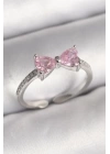Pirinç Gümüş Renk Pembe Zirkon Taşlı Kalp Fiyonk Model Kadın Yüzük