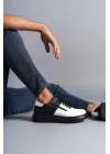 SLW155 Warrior Bağcıklı ve Fermuarlı Cilt Erkek Günlük Sneaker Ayakkabı ST - Siyah/Beyaz