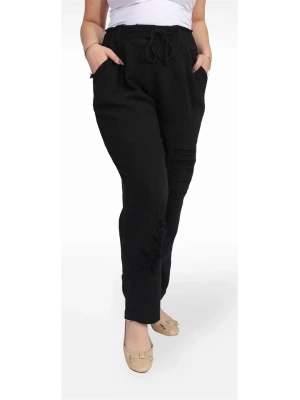 125001 Paçası Yırtmaçlı Püskül Detaylı Beli İpli Kadın Müslin Pantolon Siyah