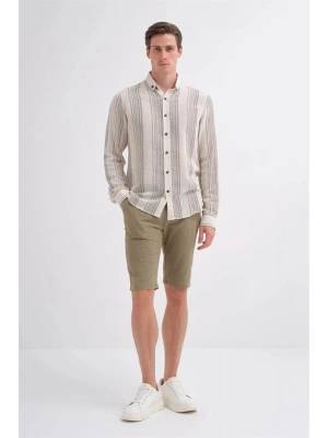 2007 Dik Çizgi Desenli Keten Uzun Kollu Erkek Gömlek Nefti