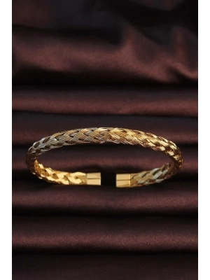 316L Çelik Altın Renk Kalın Yassı Örgü Model Erkek Bileklik