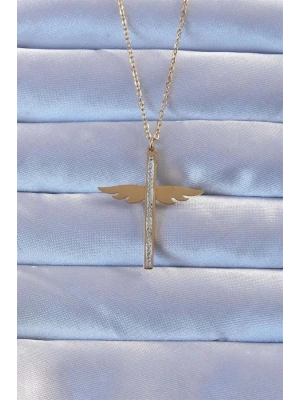 316L Çelik Altın Renk Zirkon Taşlı Mikail Kolye