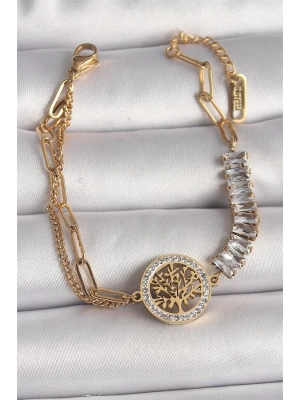 316L Çelik Gold Renk 2Li Zincir Su Yolu Zirkon Taşlı Yaşam Ağacı Figür Kadın Bileklik