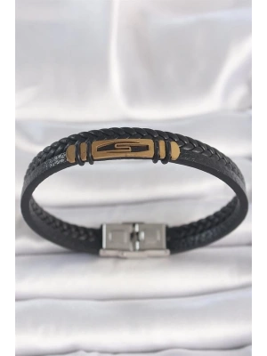 316L Çelik Gold Renk Aksesuarlı Çift Sıra Siyah Burgu Desenli Deri Kordon Erkek Bileklik