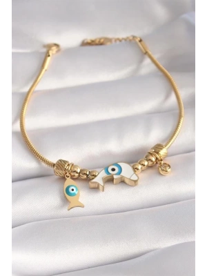 316L Çelik Gold Renk Balık Figür Nazar Boncuk İşleme Kadın Bileklik