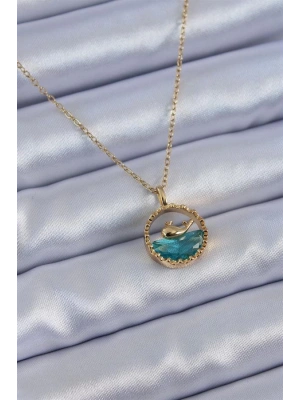 316L Çelik Gold Renk Balina Figür Kristal Taşlı Kadın Kolye