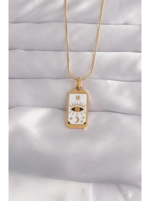 316L Çelik Gold Renk Beyaz Mineli Göz Figür Tarot Kolye