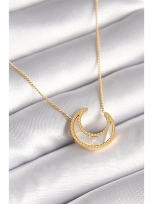 316L Çelik Gold Renk Beyaz Sedefli Hilal Model Kadın Kolye