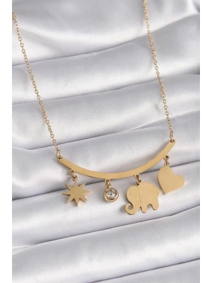 316L Çelik Gold Renk Fil Figür Zirkon Taş Detay Kadın Kolye