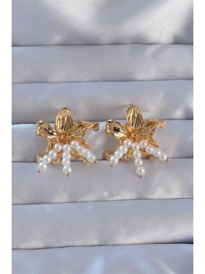 316L Çelik Gold Renk İnci Aksesuarlı Çiçek Model Küpe