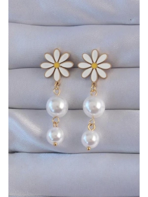 316L Çelik Gold Renk İnci Taşlı Papatya Model Sallantılı Küpe