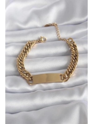 316L Çelik Gold Renk İsim Yazılabilir Plaka Model Kadın Bileklik