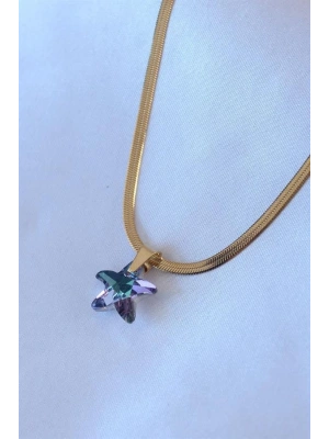 316L Çelik Gold Renk İtalyan Zincir Model Kristal Deniz Yıldız Model Kadın Kolye