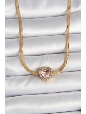 316L Çelik Gold Renk İtalyan Zincir Pembe Zirkon Taşlı Kalp Model Kadın Kolye