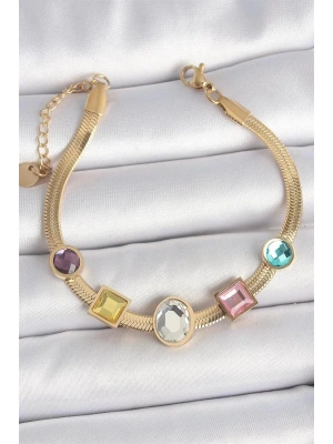 316L Çelik Gold Renk İtalyan Zincir Renkli Zirkon Taşlı Kadın Bileklik