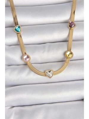 316L Çelik Gold Renk İtalyan Zincir Renkli Zirkon Taşlı Kalp Figür Kadın Kolye