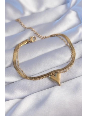 316L Çelik Gold Renk İtalyan Zincirli Kalp Model Bileklik