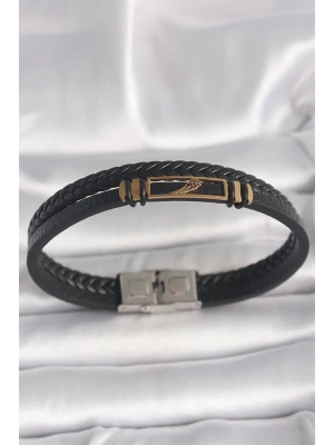 316L Çelik Gold Renk Kanat Aksesuarlı Siyah Burgu Model Deri Kordon Erkek Bileklik