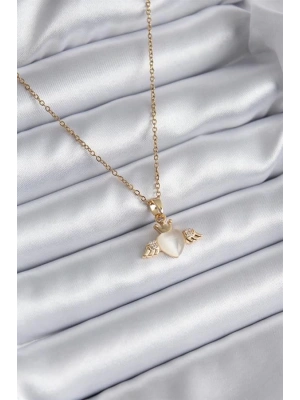 316L Çelik Gold Renk Kanatlı Kalp Model Zirkon Taşlı Kadın Kolye