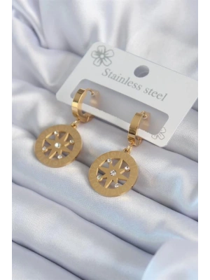 316L Çelik Gold Renk Kutup Yıldızı Model İşleme Detay Zirkon Taşlı Kadın Küpe