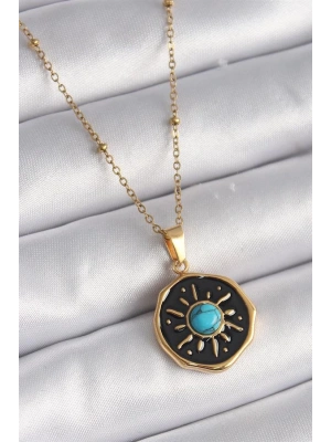 316L Çelik Gold Renk Mavi Boncuk Güneş İşleme Madalyon Model Kadın Kolye