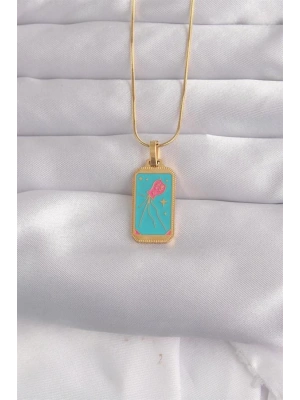 316L Çelik Gold Renk Mavi Mineli Tarot Kolye