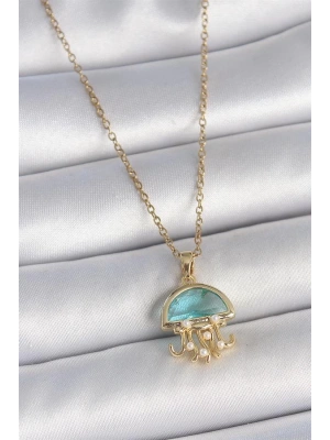 316L Çelik Gold Renk Mavi Taşlı Deniz Anası Model İnci Detay Kadın Kolye