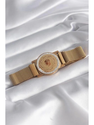 316L Çelik Gold Renk Mıknatıslı Hasır Zirkon Taşlı Çeyrek Altın Model Kadın Bileklik