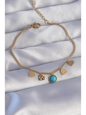 316L Çelik Gold Renk Minimal Kalpli Mavi Taş Detaylı Bileklik