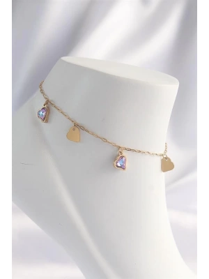 316L Çelik Gold Renk Minimal Renkli Zirkon Taşlı Kalp Halhal