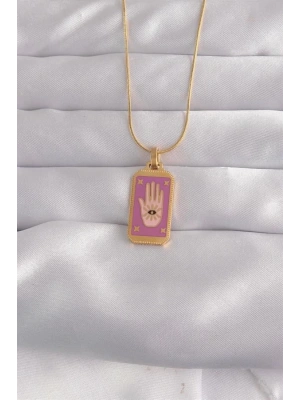 316L Çelik Gold Renk Mor Mineli El Figür Tarot Kolye