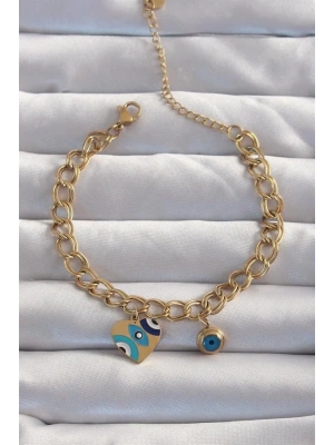 316L Çelik Gold Renk Nazarlı Kalp Model Zincir Bileklik