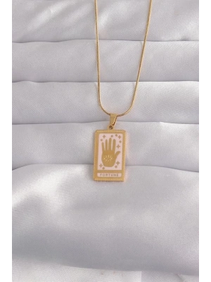 316L Çelik Gold Renk Pembe Mineli El Figür Tarot Kolye