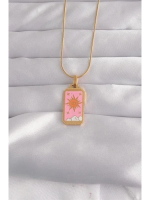 316L Çelik Gold Renk Pembe Mineli Güneş Model Tarot Kolye