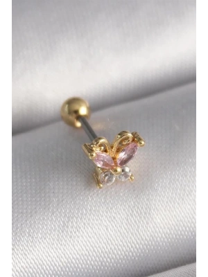 316L Çelik Gold Renk Pembe Zirkon Taşlı Kelebek Tragus Piercing