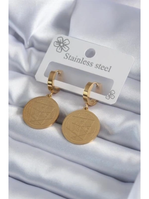 316L Çelik Gold Renk Pentagram İşleme Model Kadın Küpe