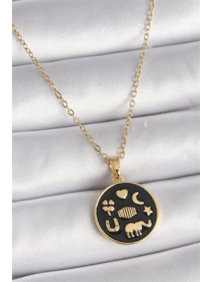 316L Çelik Gold Renk Siyah Şans Kolyesi