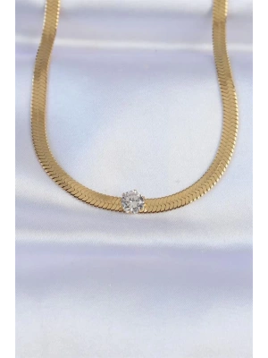 316L Çelik Gold Renk Tek Zirkon Taşlı İtalyan Zincir Kolye