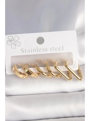 316L Çelik Gold Renk Üçgen Halka Model Kadın Küpe Seti